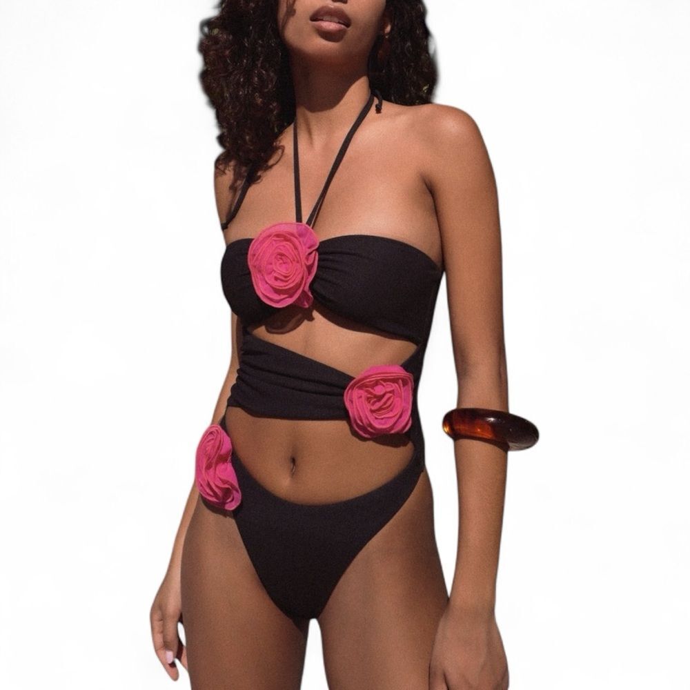 SAME Rose Cut Out One Piece Swimsuit Black Pink Floral Size S 3D Floral Rosette